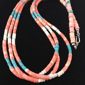 Turquoise Pink Coral Sterling Silver Necklace 3S